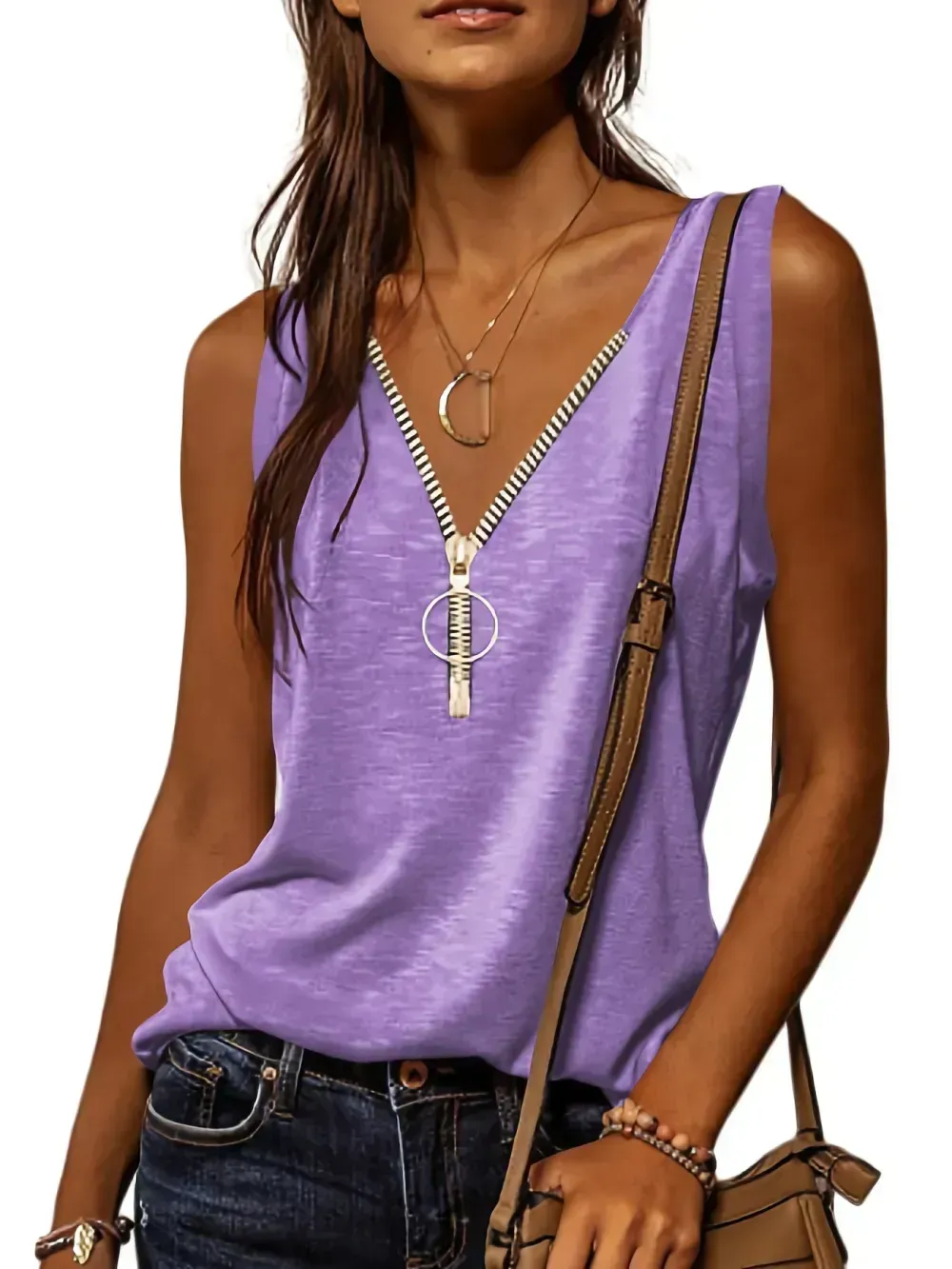 Casual V-neck Zipper Cami Top, Solid Fashion Sleeveless Loose Summer Fit Tank Top, Women's Clothing