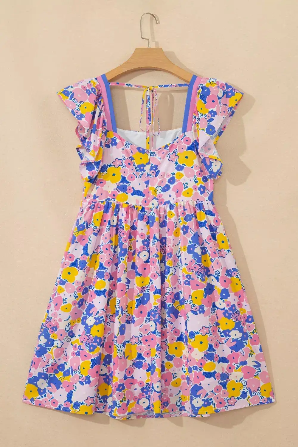 Gathered Detail Floral Striped Square Neck Mini Dress