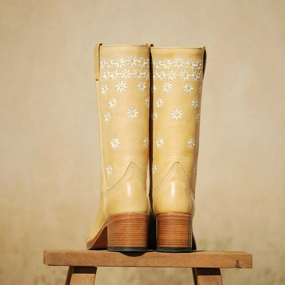 Faux-Leather Embroidered Floral Round-Toe Western Boots