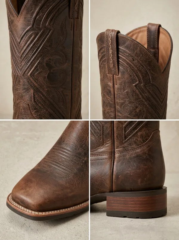 Men's Western Cowboy Distressed Leather Embroidered Printed Western Boots