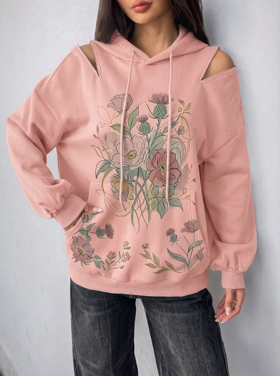 Women's Floral Botanical Art Cold Shoulder Printed Hoodie