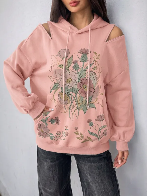Women's Floral Botanical Art Cold Shoulder Printed Hoodie