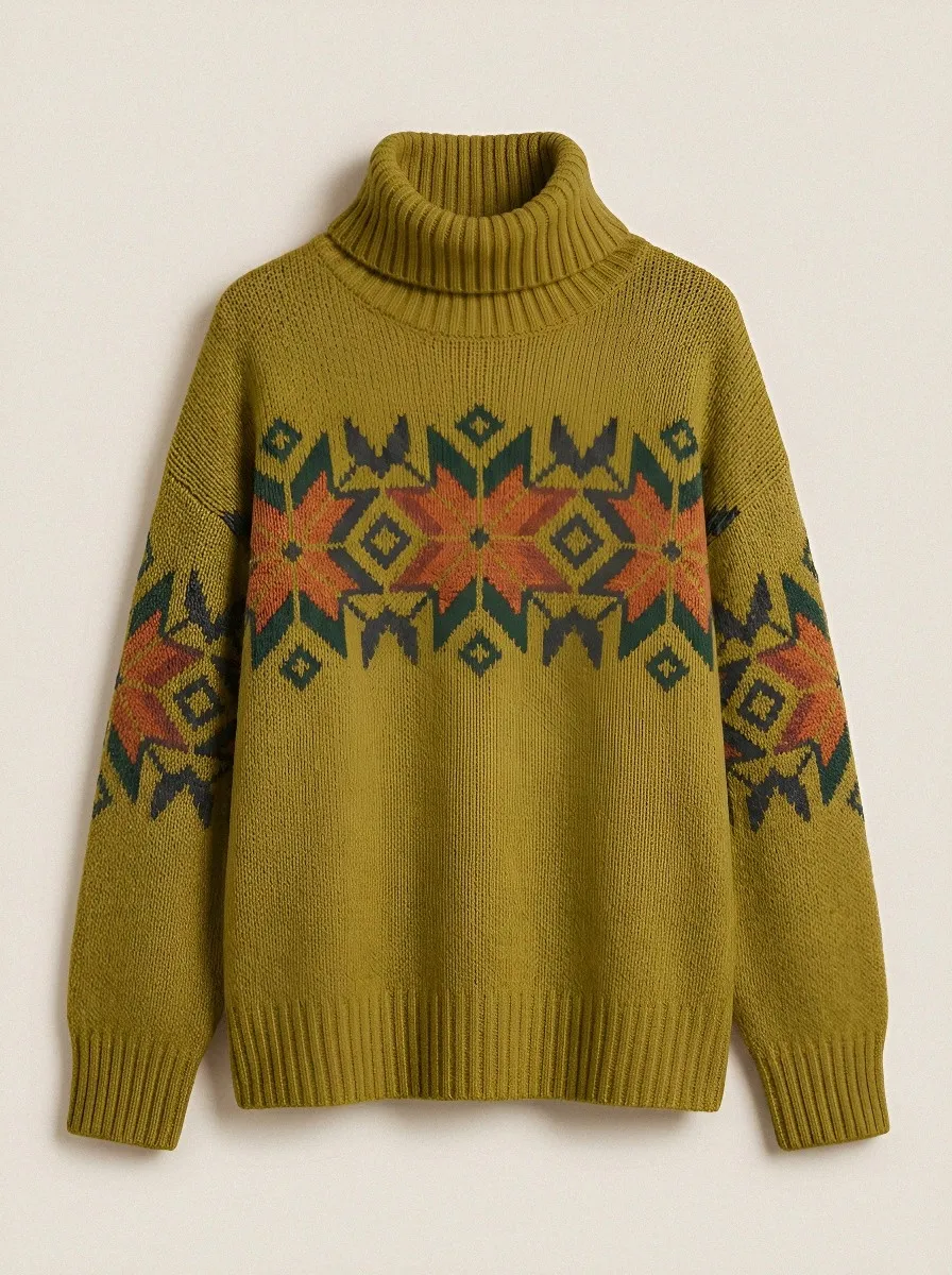 Women's Winter Holiday Nordic Snowflake Printed Turtleneck Sweater