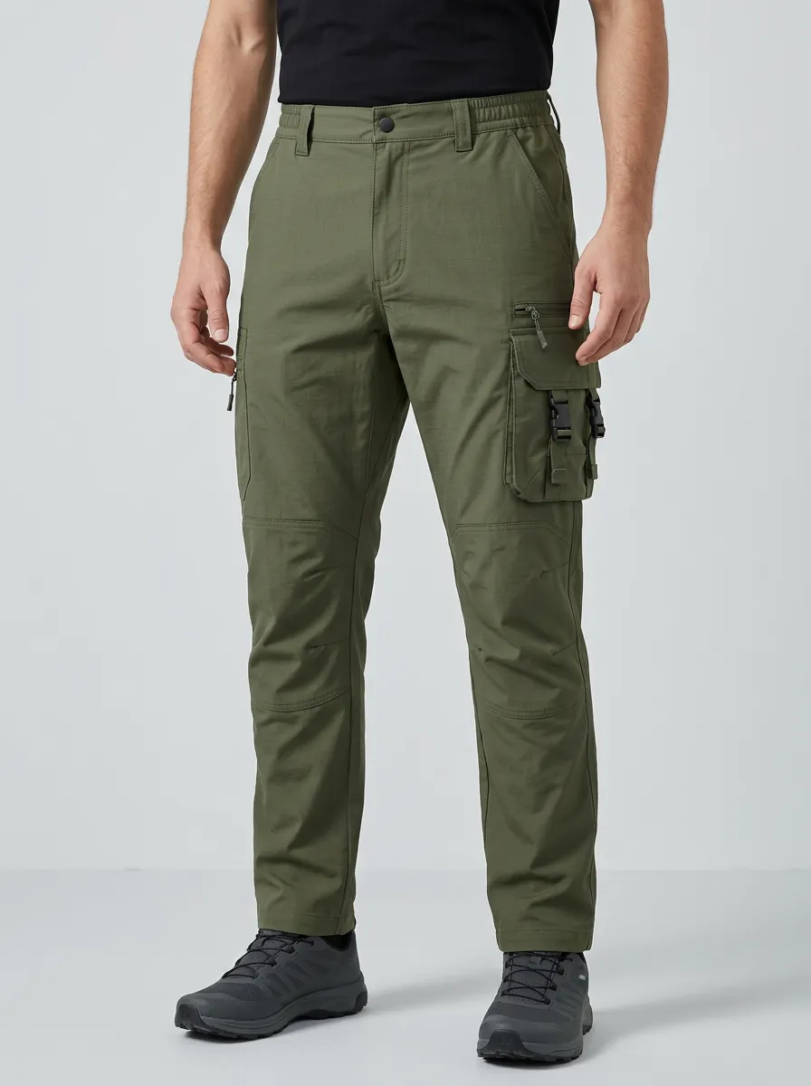Men's Buckle-Strap Elastic-Waist Reinforced Cargo Pants
