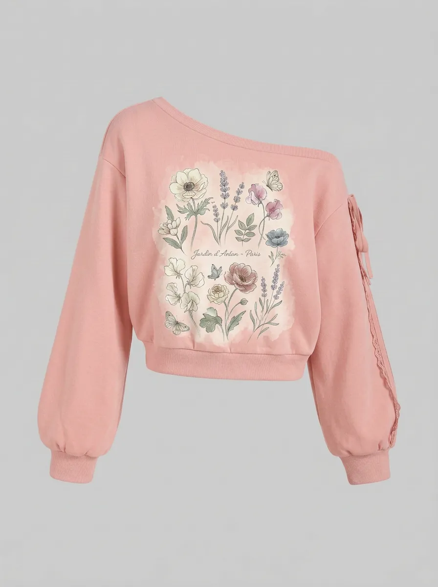 Women's Paris Botanical Garden Butterfly Printed Off-Shoulder Sweatshirt