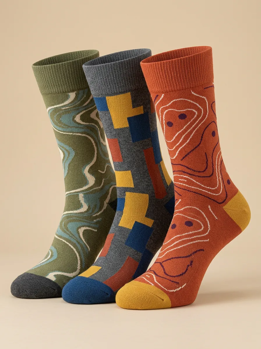 Men's Abstract Art Geometric Topographic Printed Three Pack Socks
