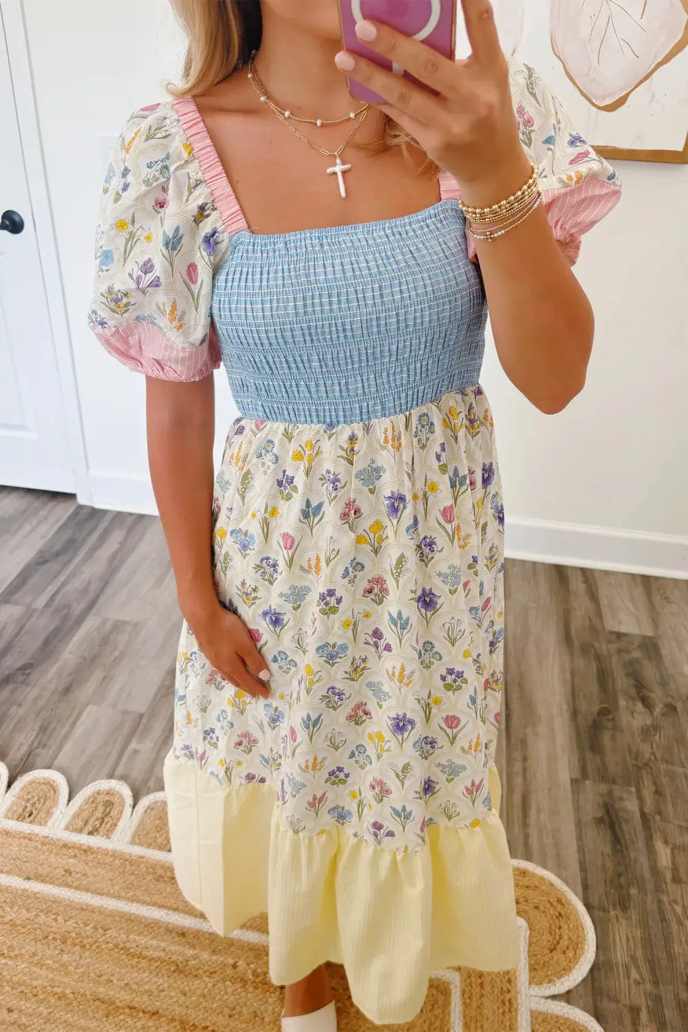 Floral Striped Patchwork Neck Maxi Dress