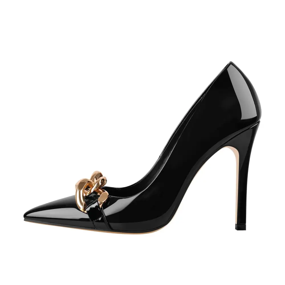 Modern Patent Finish Pointed Toe Stiletto Chain Accent Pumps
