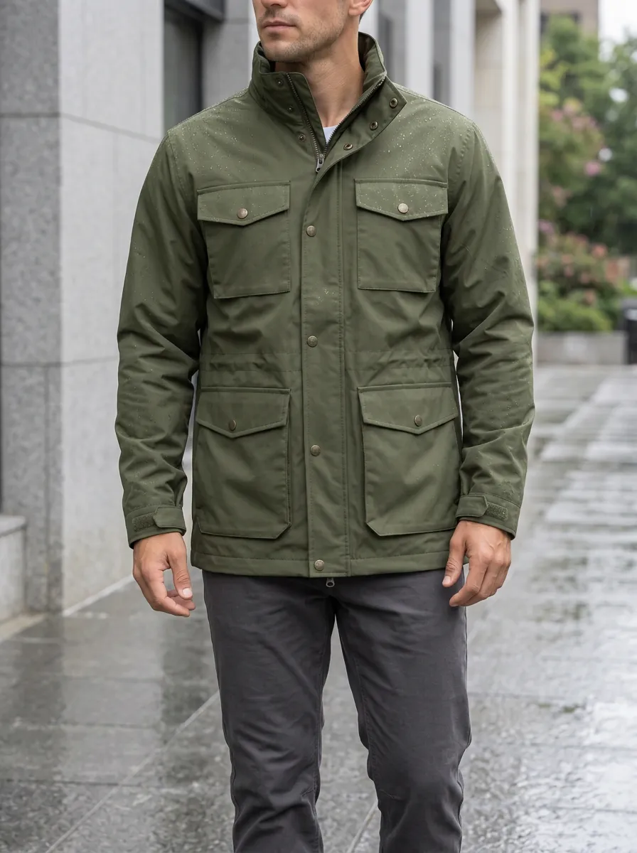 Men's Olive Green Waterproof Field Jacket with a Drawstring Waist