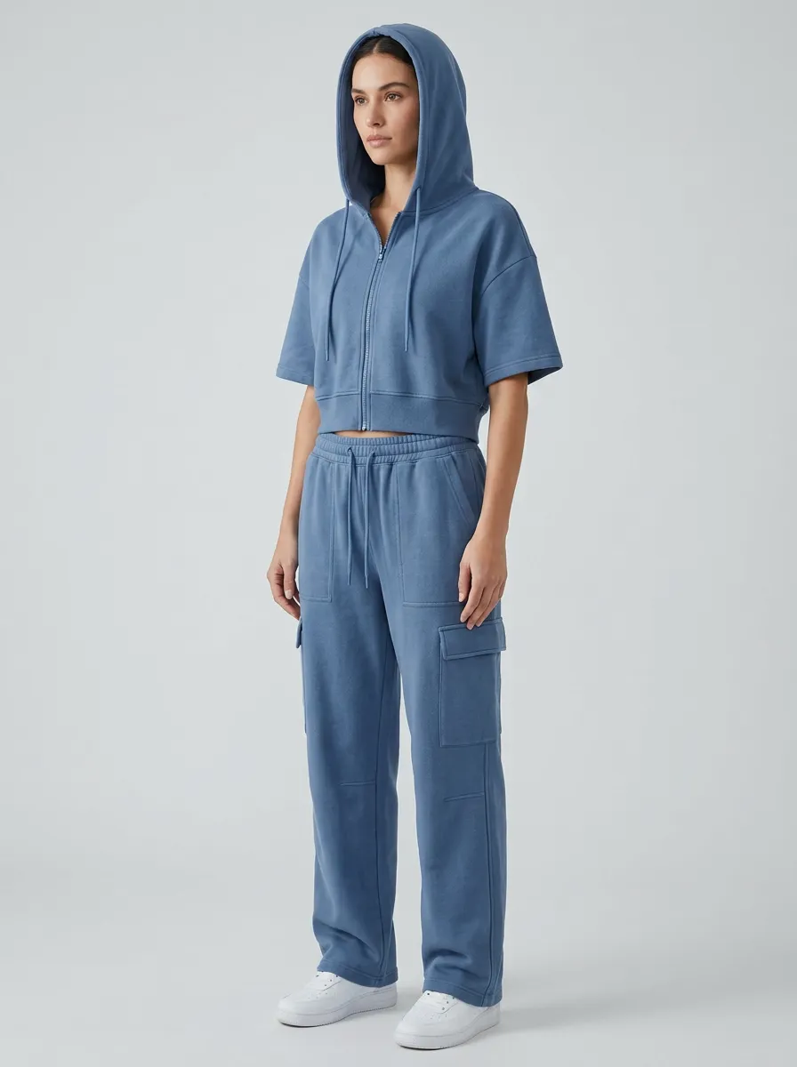Cargo-Jogger Jogger Sporty Women's Cropped Zip-Up Hoodie Jogger Active Set