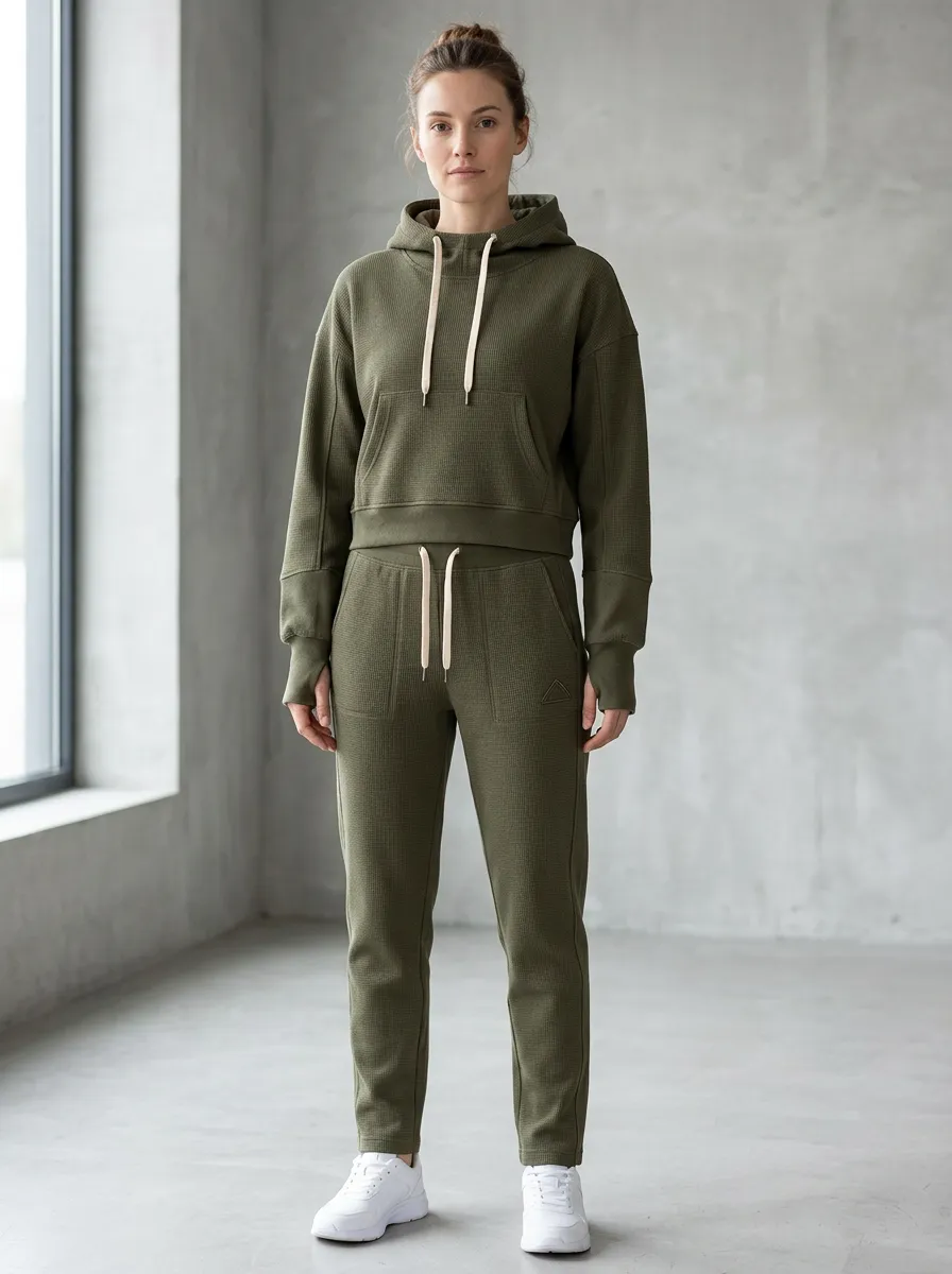 Women's Olive Green Waffle Knit Drawstring Hooded Tracksuit