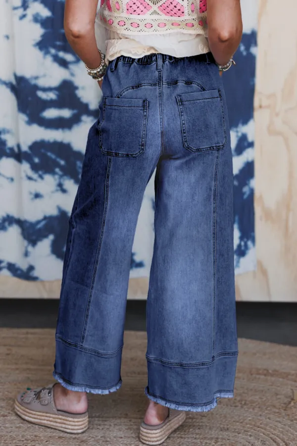Deep Blue Drawstring Wide Leg Jeans