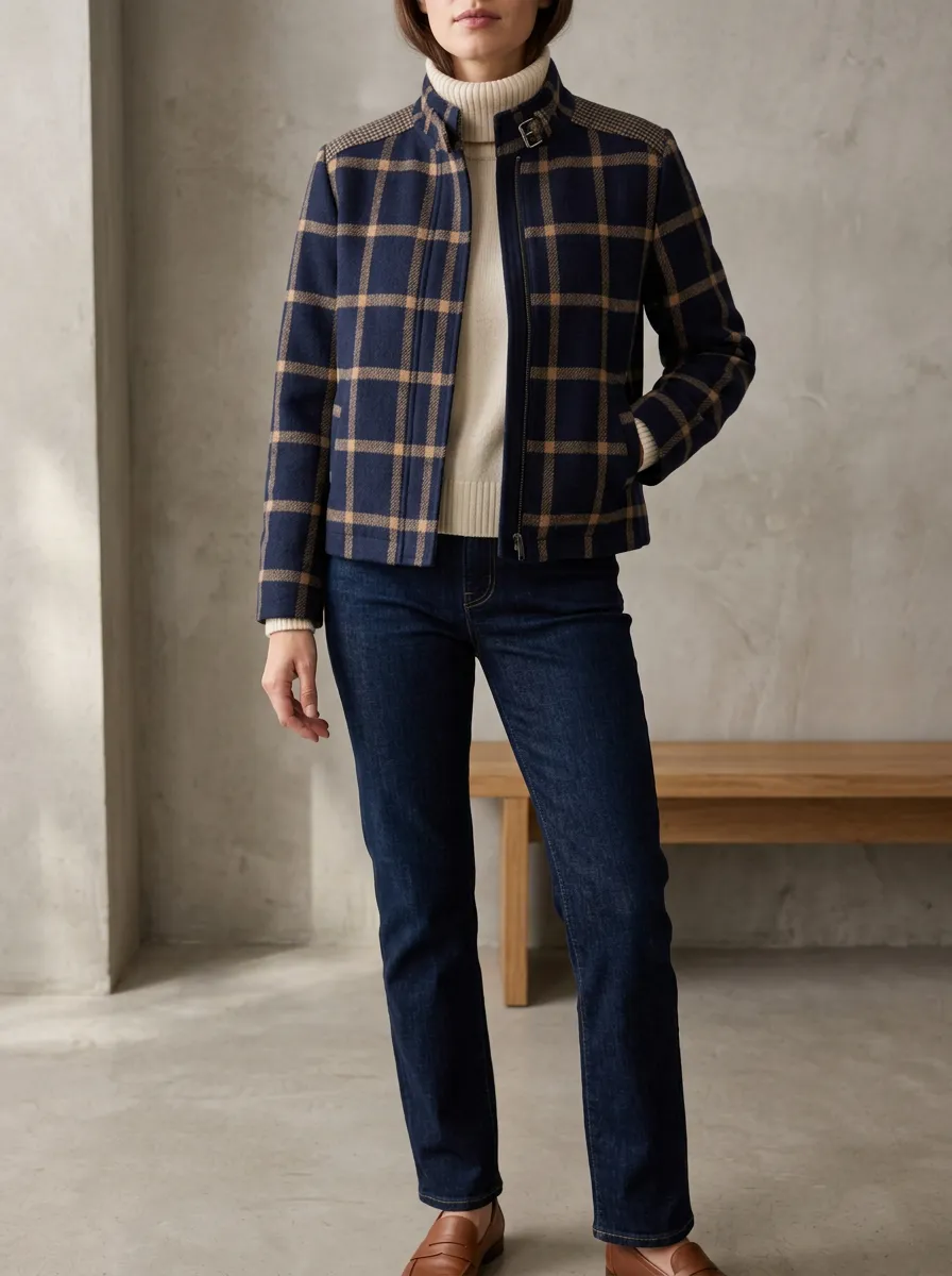 Women's Plaid Checkered Plaid Stand Collar Cropped Jacket