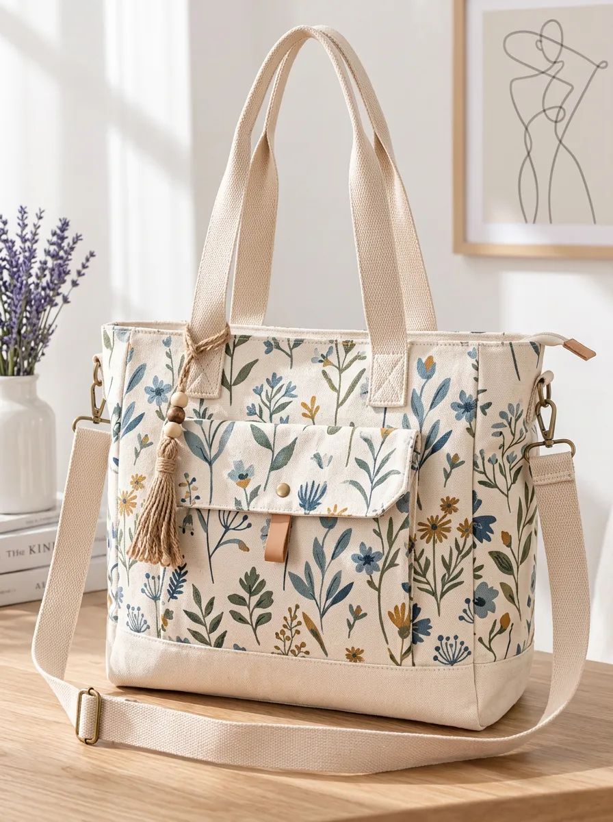 Women's Adjustable Strap Botanical Floral Printed Canvas Shoulder Tote Bag
