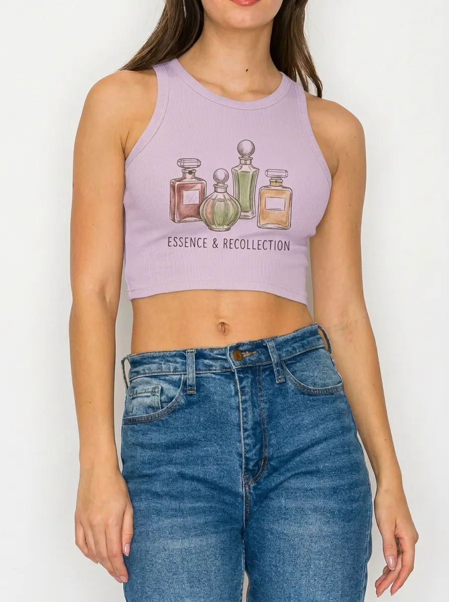 Women's Perfume Bottle Essence & Recollection Graphic Ribbed Crop Tank Top