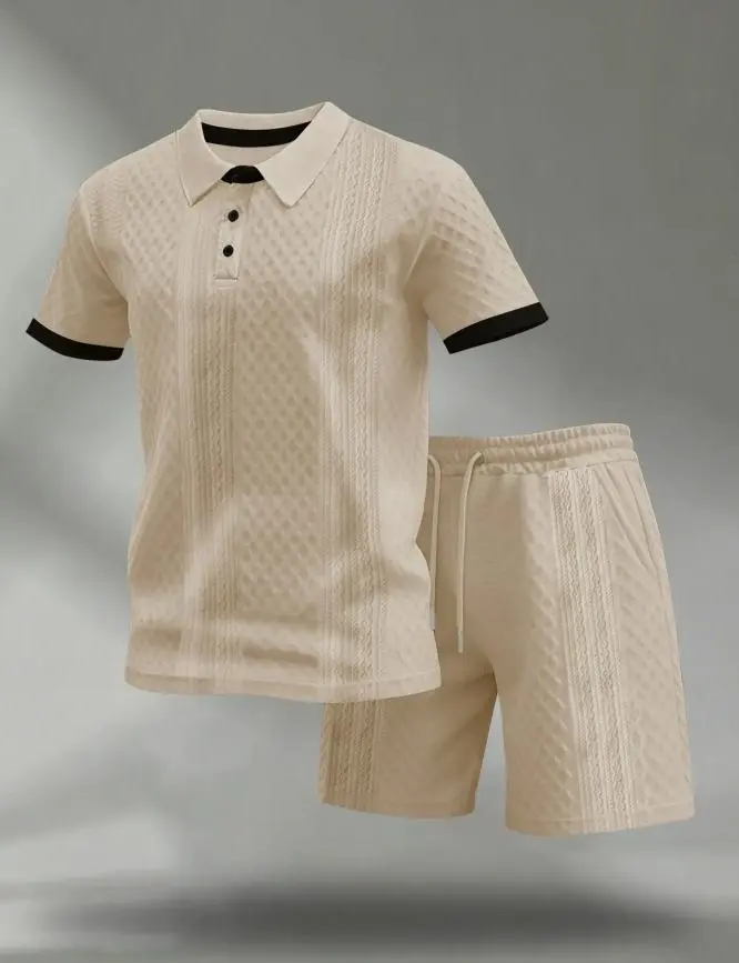 Men's Colorblock Polo Shirt & Drawstring Shorts Set, Textured Knit Short Sleeve, Casual Daily Wear, Summer Tropical Fashion Choice, Menswear, Clothes
