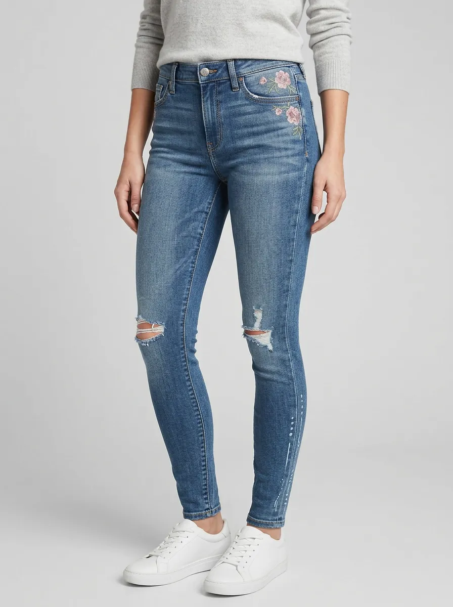 Women's Forge Floral Embroidery Distressed Printed Slim Jeans