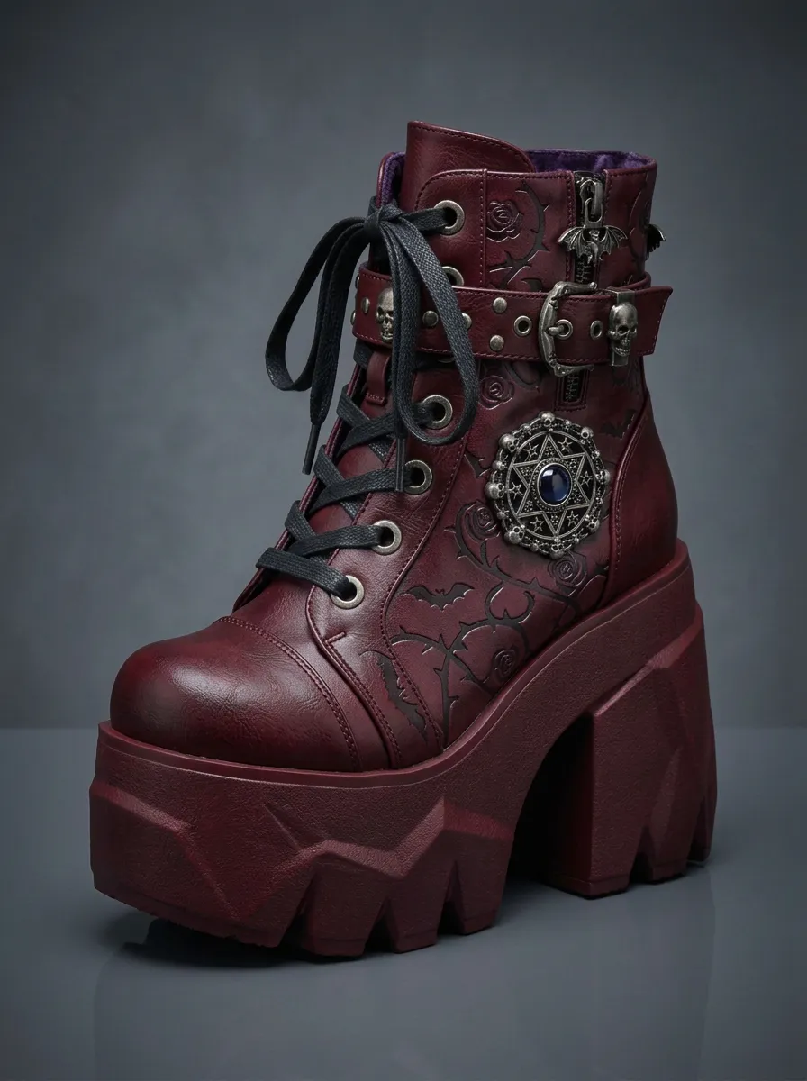 Dark Skull Bat Rose Finish Women's Gothic Platform Boots