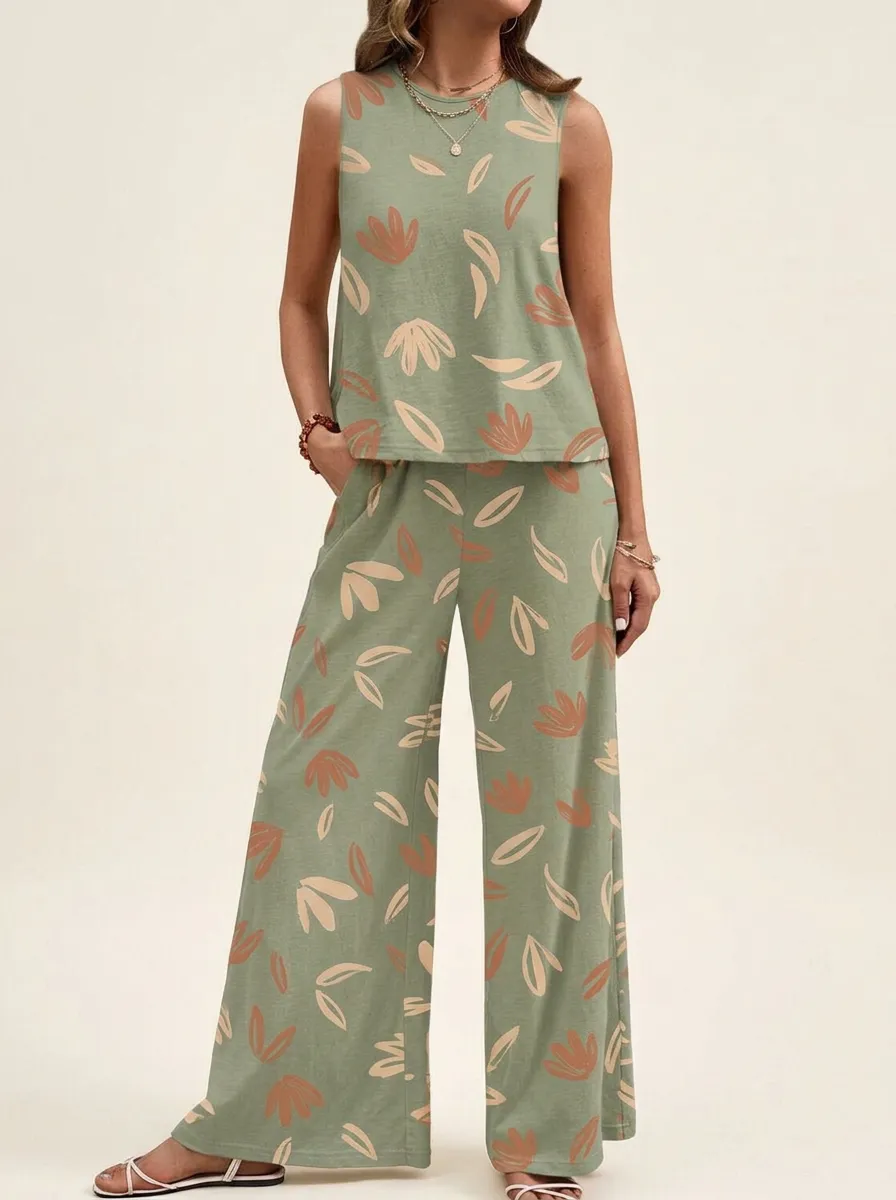 Women's Botanical Leaf Print Sleeveless Top And Wide-Leg Trouser Lounge Set