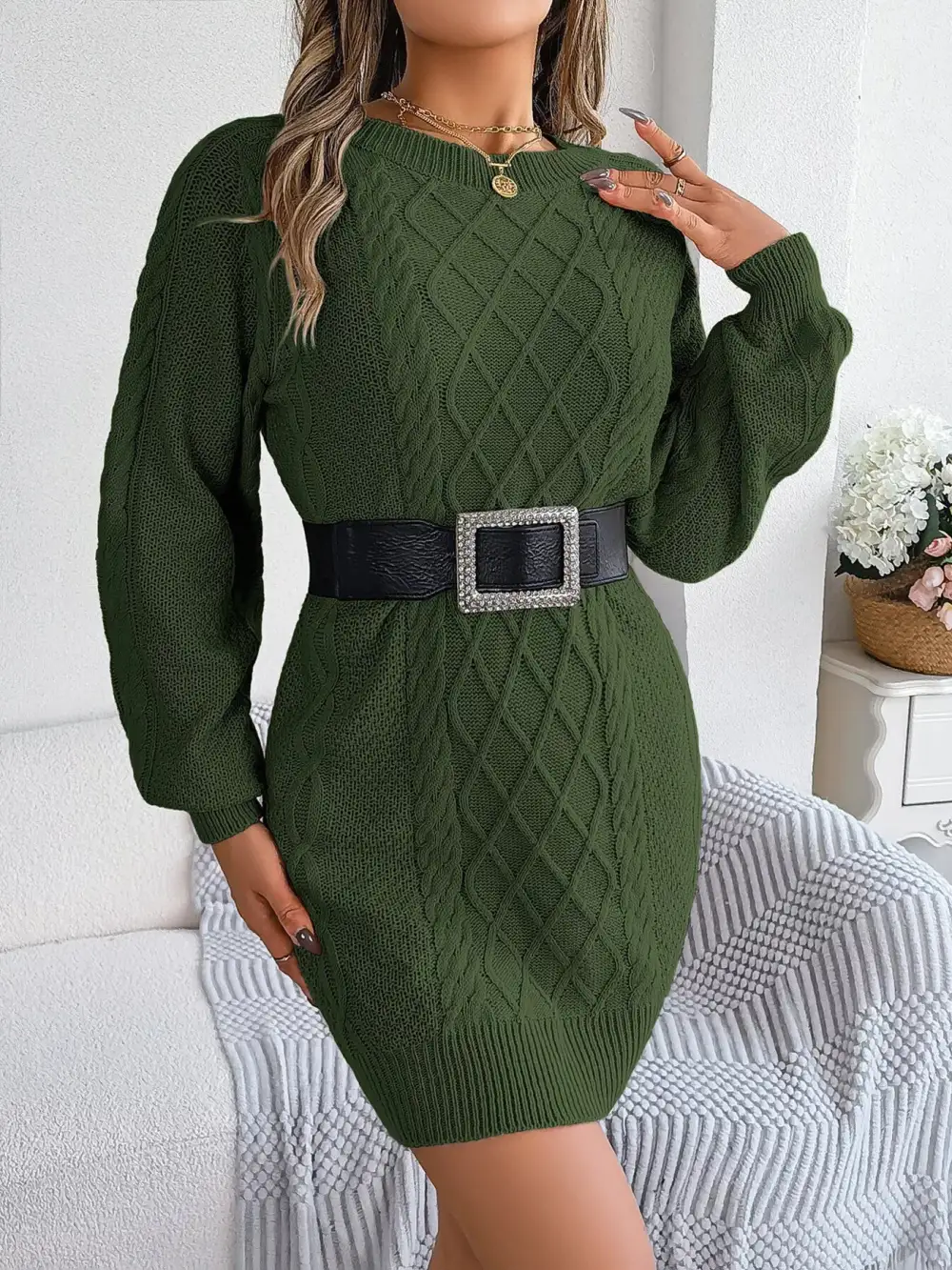 Polished Detail Knit Long Sleeve Sweater Dress
