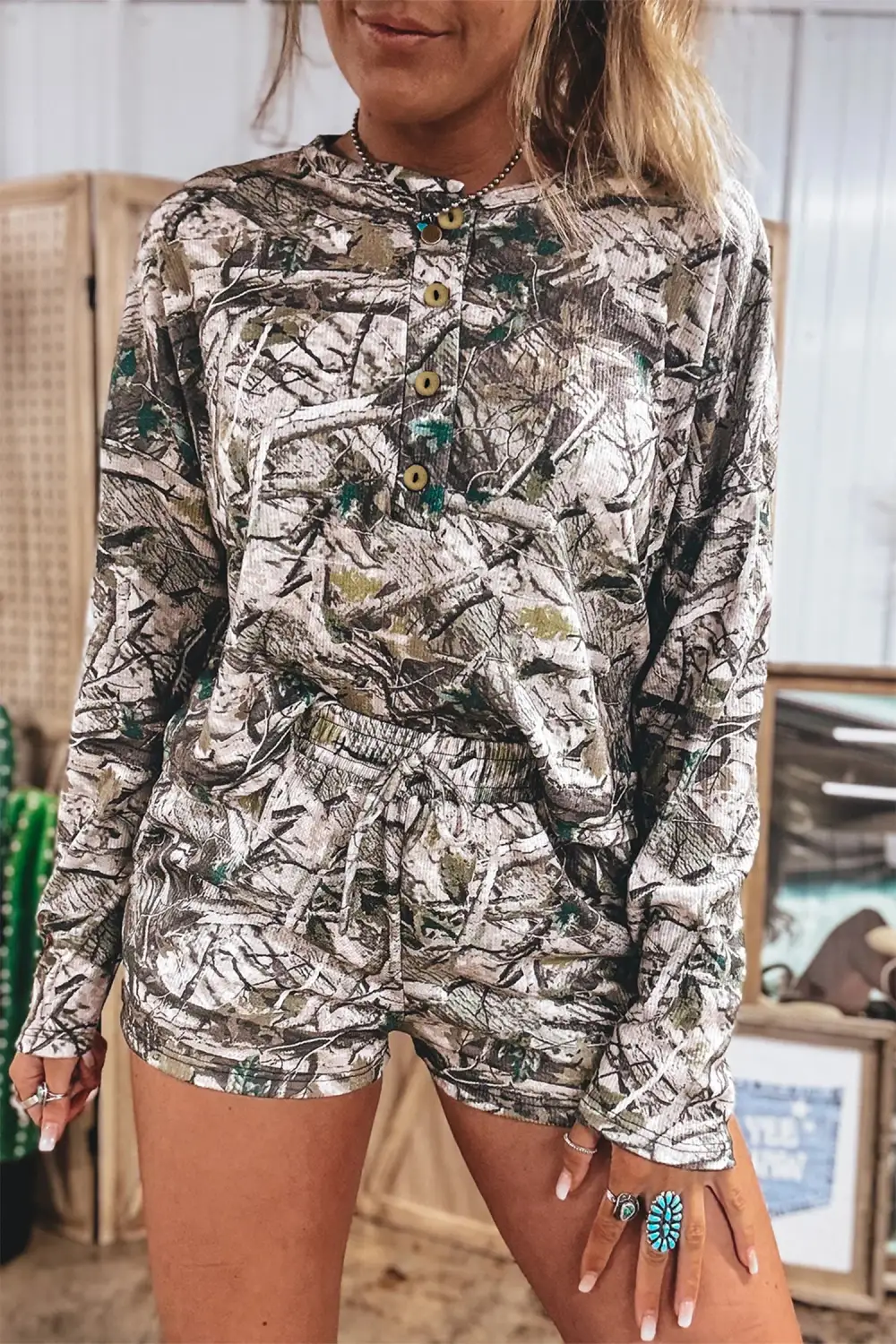 Women's Camo Long Sleeve Top Elastic Waist Shorts Two Piece Set