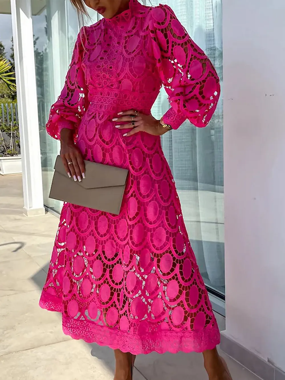 Boho Eyelet Mock-Neck Long-Sleeve Evening Maxi Dress