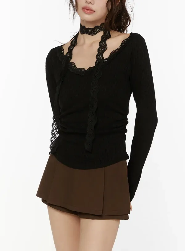 Lace-Trim Boat Neck Choker Top