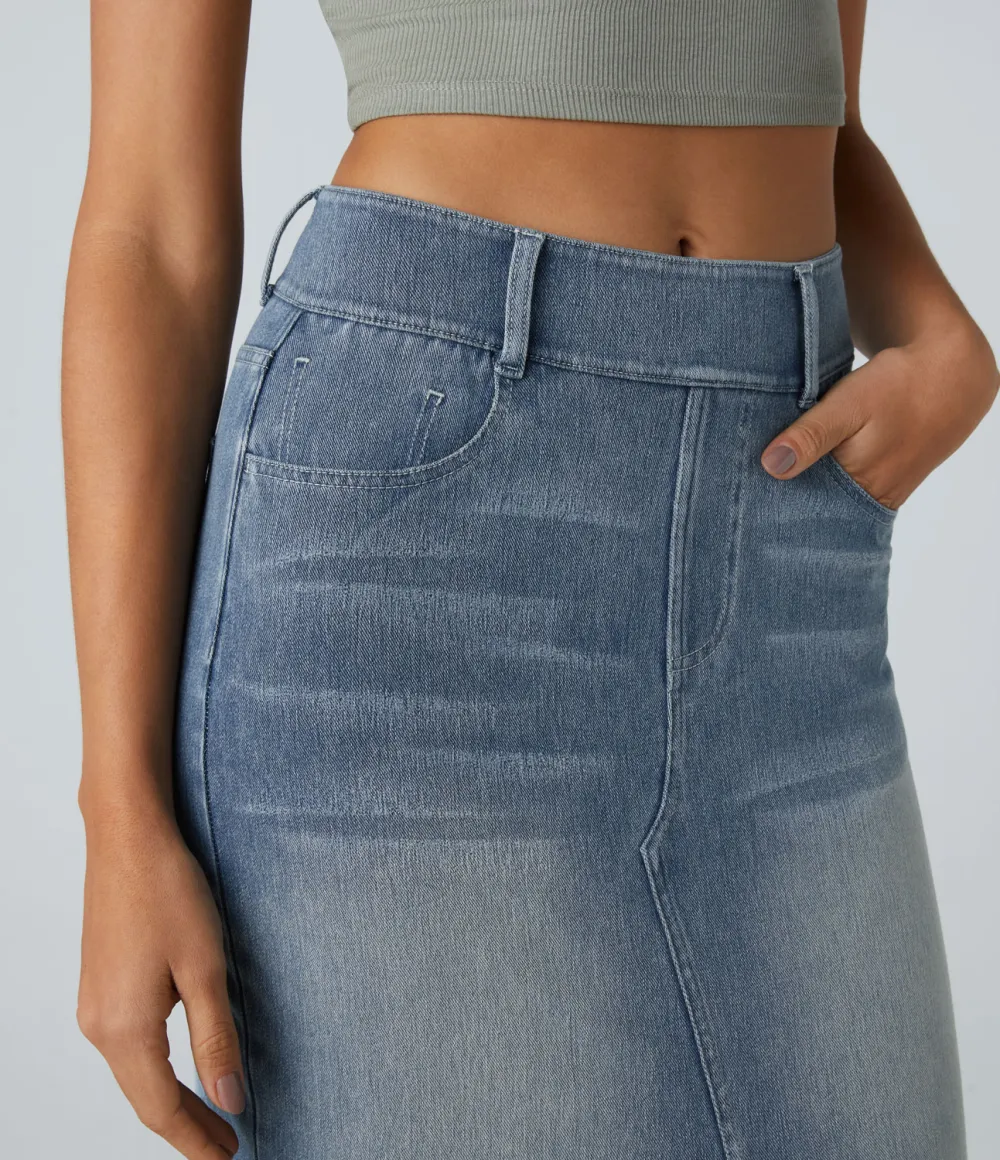 Magic High Waisted Multiple Pockets Bodycon Split Washed Stretchy Knit Denim Casual Midi Skirt
