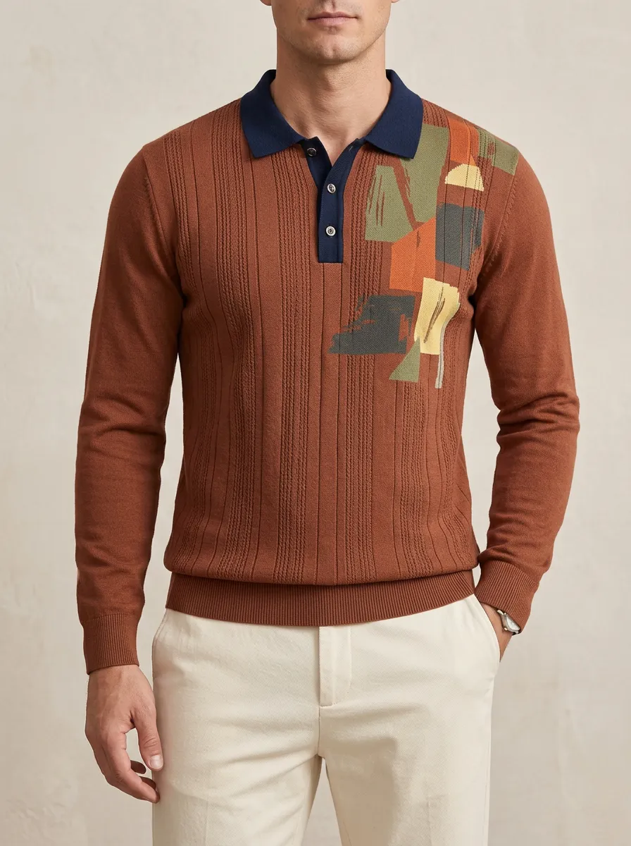 Men's Abstract Geometric Pattern Printed Long Sleeve Polo Shirt