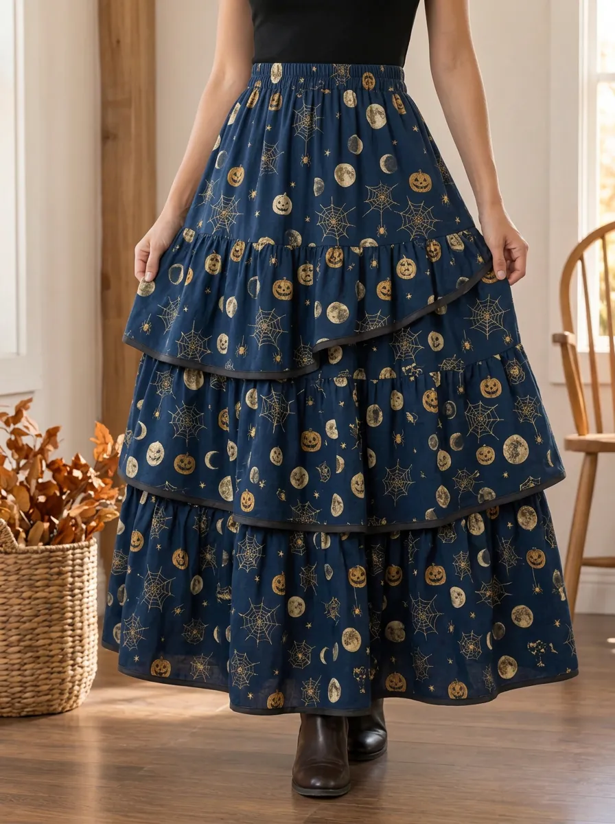 Women's Halloween Pumpkin Moon Spiderweb Printed Tiered Skirt