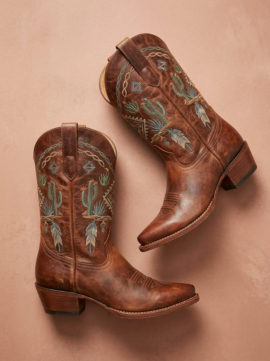 Frontier Cactus Feather Embroidered Detail Unisex Western Cowboy Boots