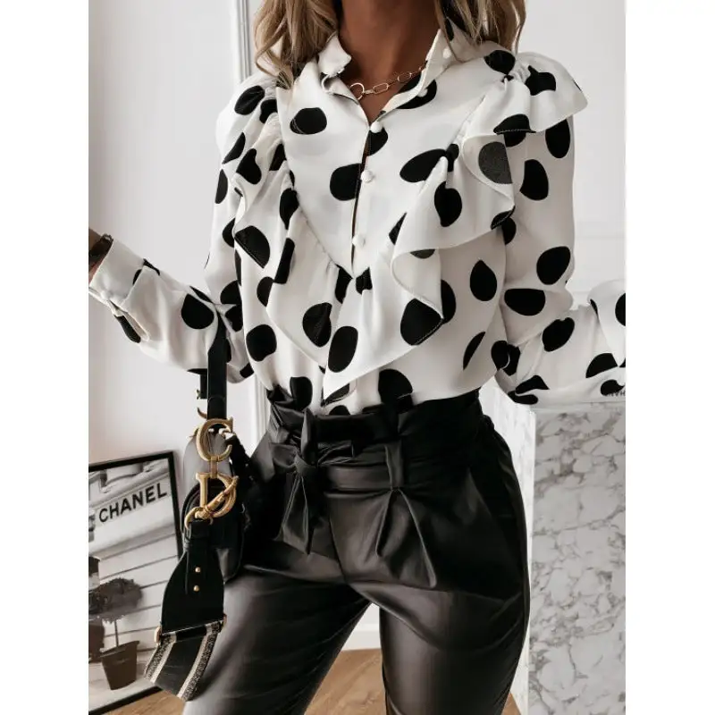 Casual Ruffled Polka Dot Blouse