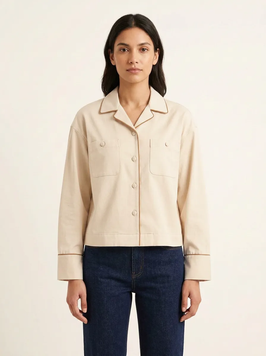 Women's Flap-Pocket Contrast-Piped Camp-Collar Shirt