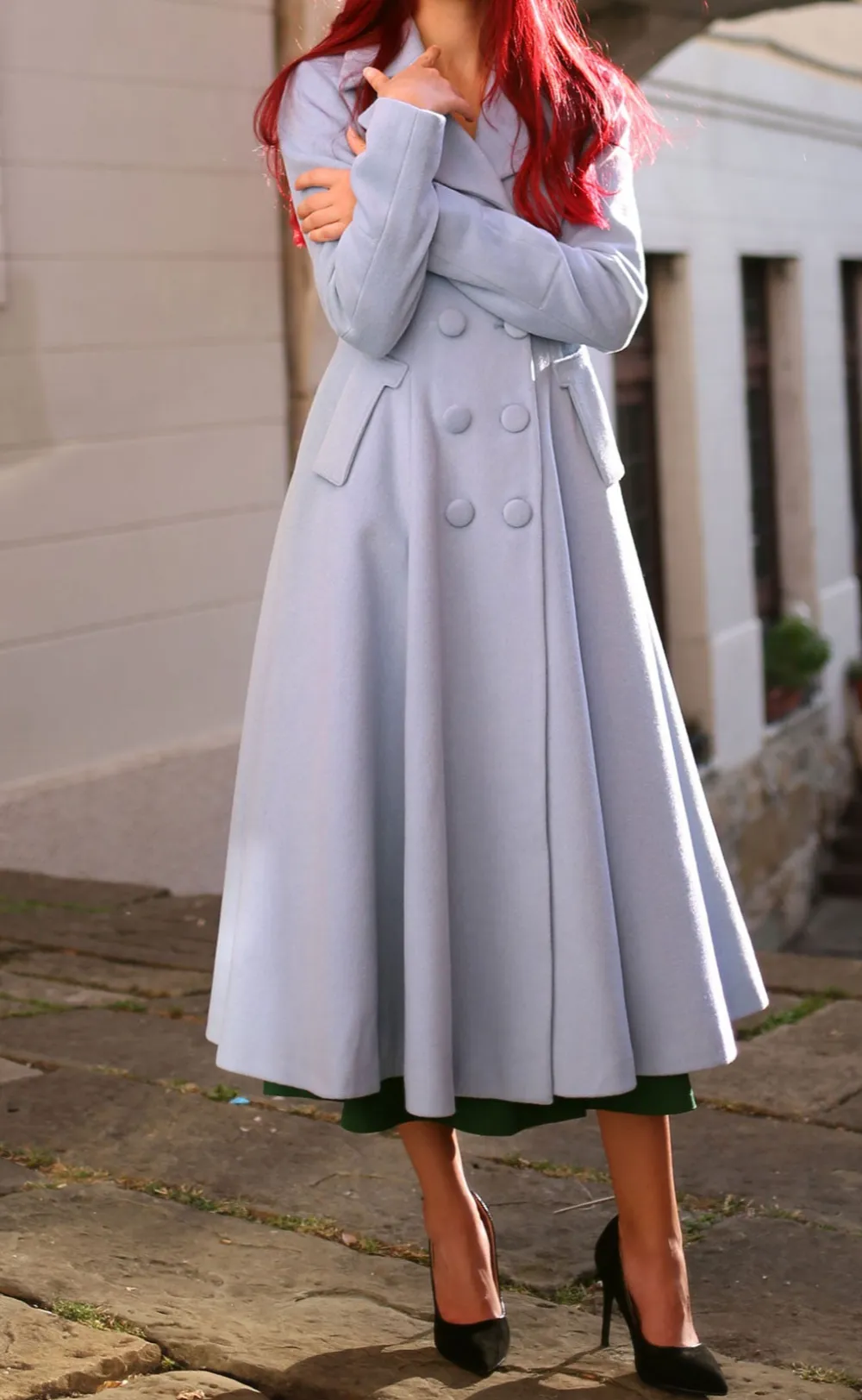 Polished Wool Blend Fit and Flare Double Breasted Pocketed Button Front Coat
