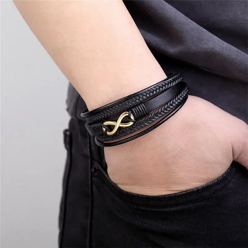 Infinitely Titanium Steel Multilayered Leather Bracelet