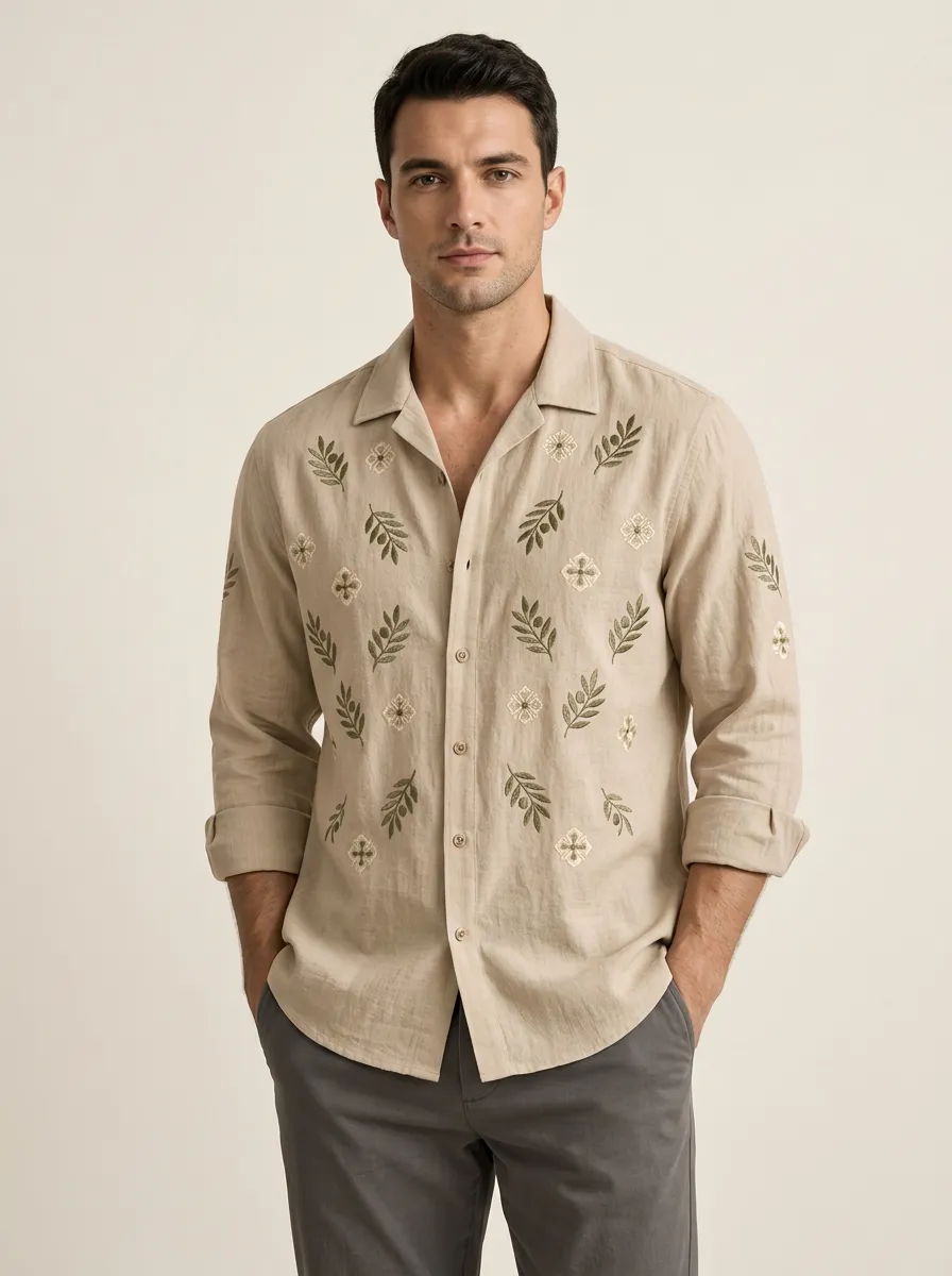Men's Botanical Branch Embroidered Linen Shirt
