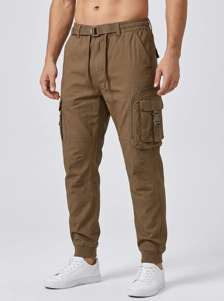Men's Webbing-Belt Drawstring Utility Cargo Joggers