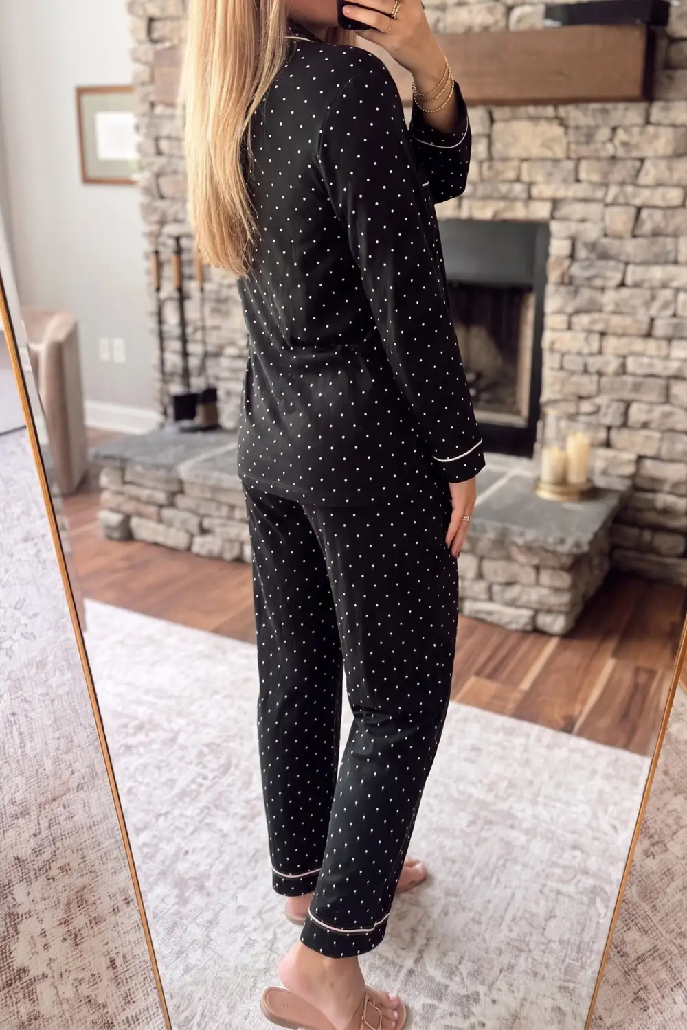 Women's Polka Dot Long Sleeve Shirt Lace Detail Two Piece Pajama Pant Set