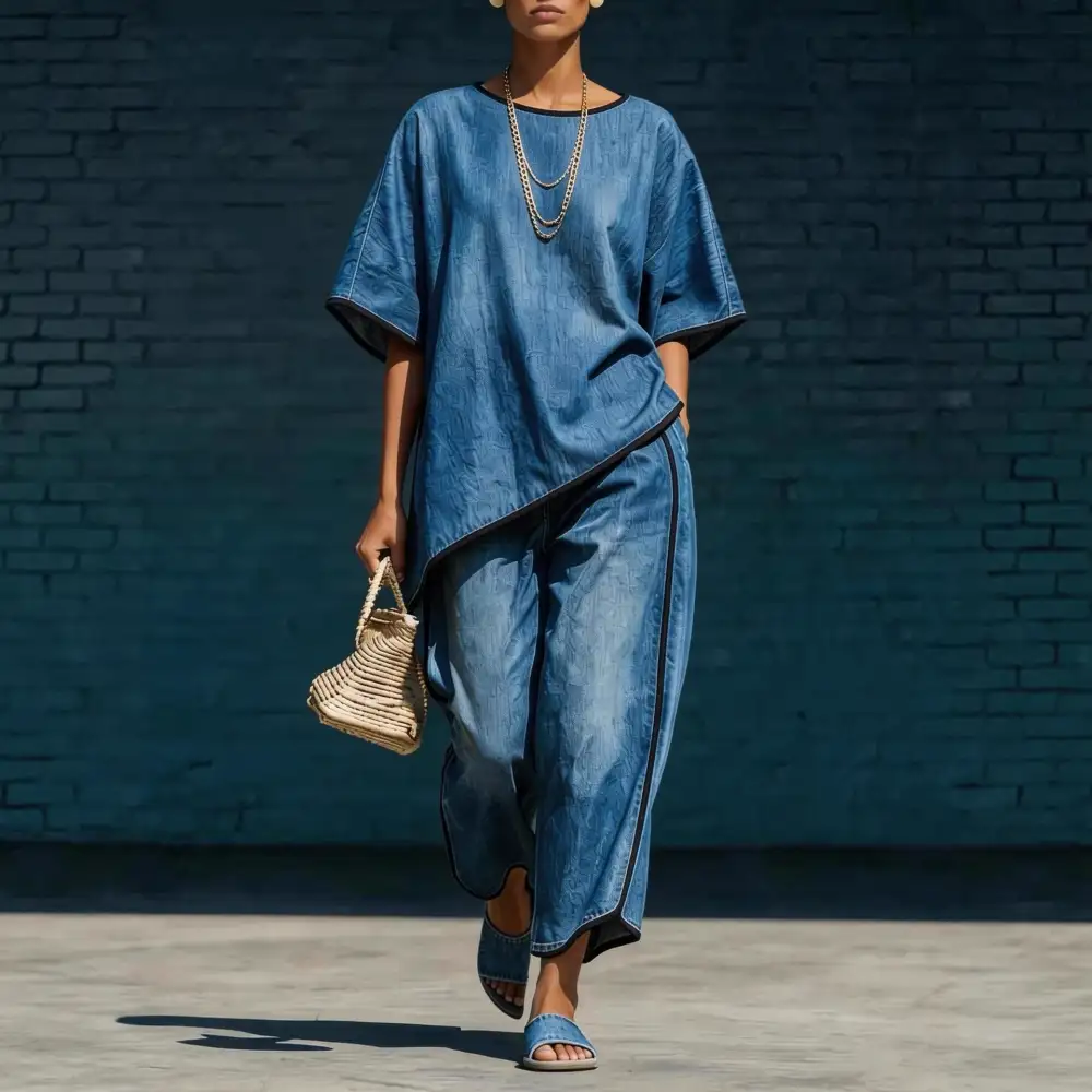 Wide-Leg Denim Knit Women's Matching Set