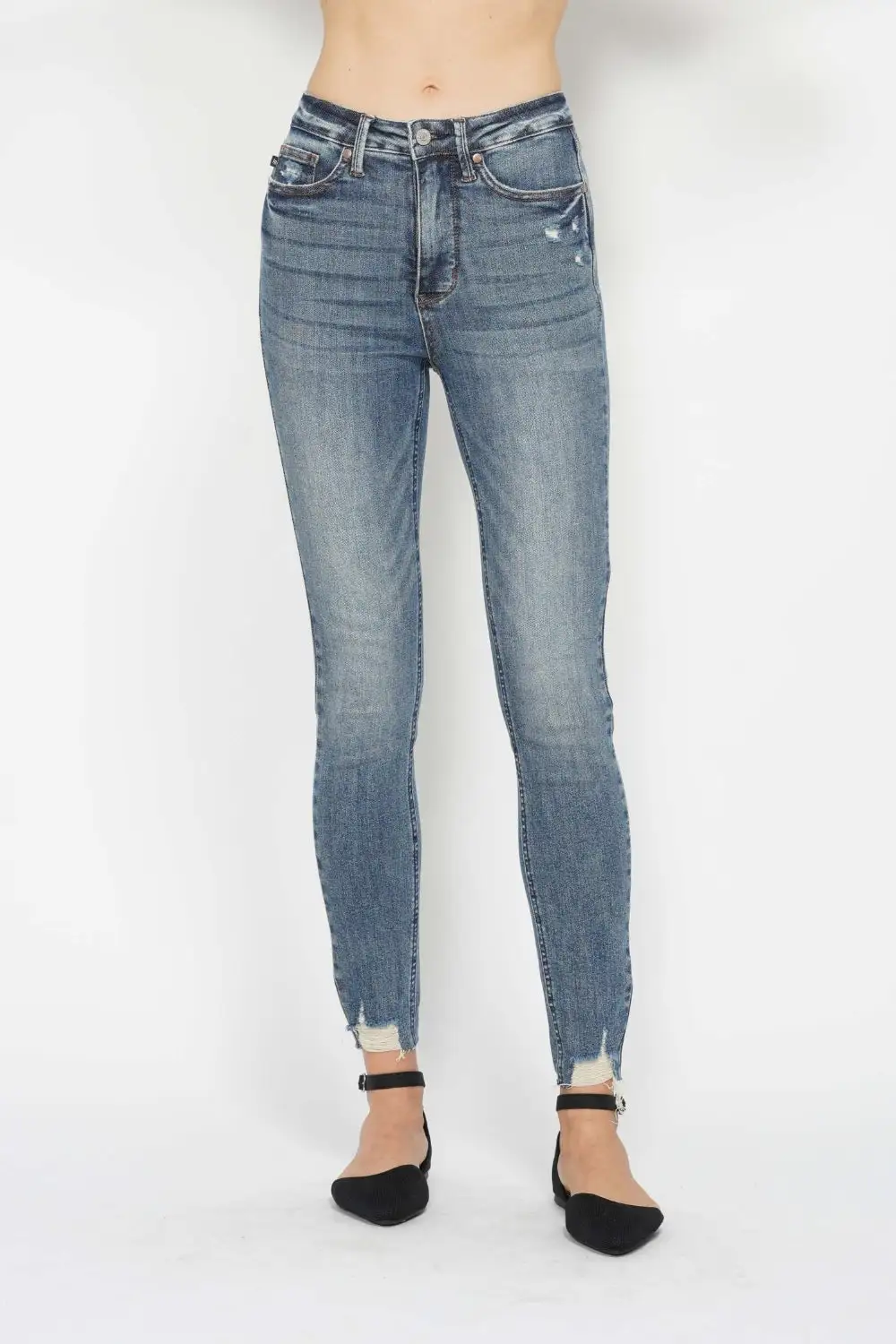 Tummy Control Vintage Wash Hem Destroy Denim Jeans