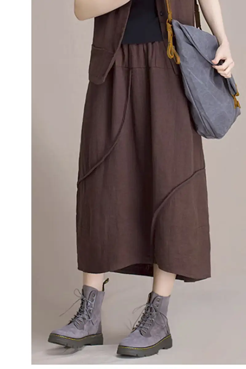 Patchwork Linen Blend Bubble Elastic Waist Midi Skirt