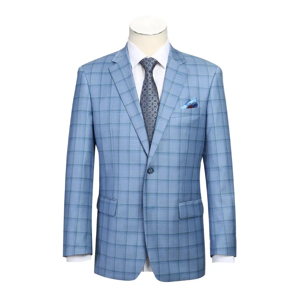 Blue Classic Fit Wool Plaid Single Breasted Two Button Blazer