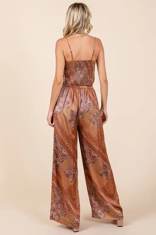 Patchwork Print Satin Wide Leg Pants