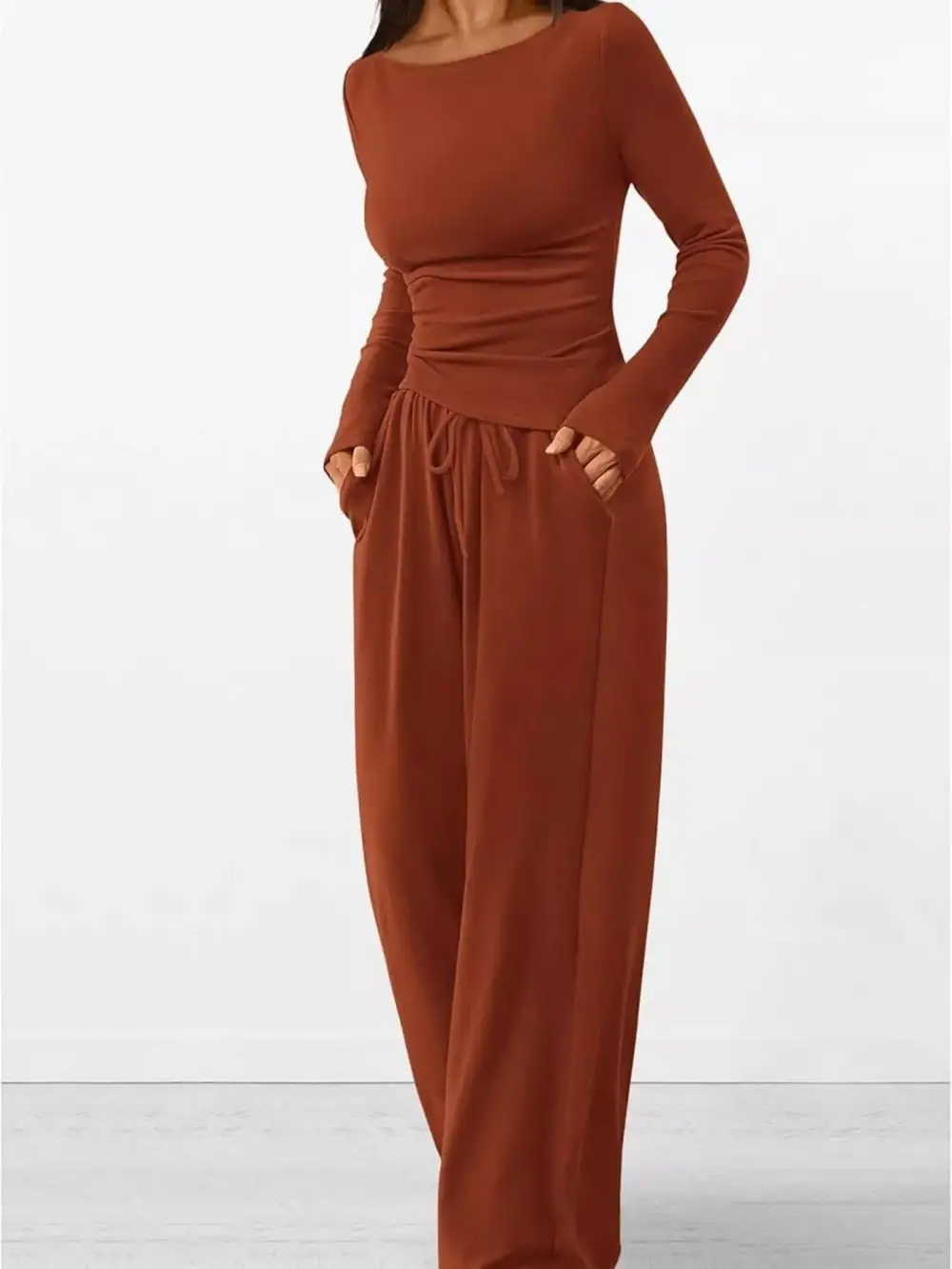 Relaxed Long Sleeve Top and Wide Leg Pants Set