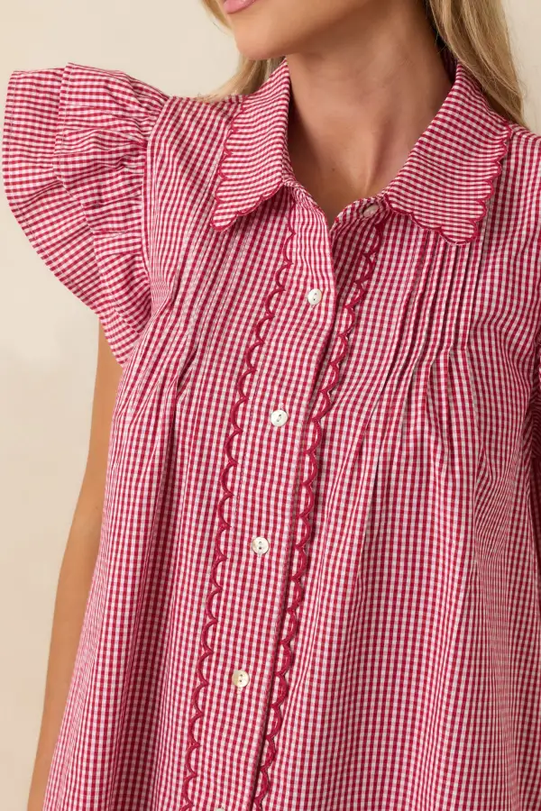 Button-Front Short-Sleeve Flutter-Sleeve Scalloped Blouse