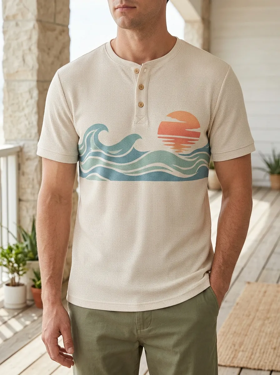 Men's Abstract Beach Lover Ocean Wave Sunset Henley T-Shirt