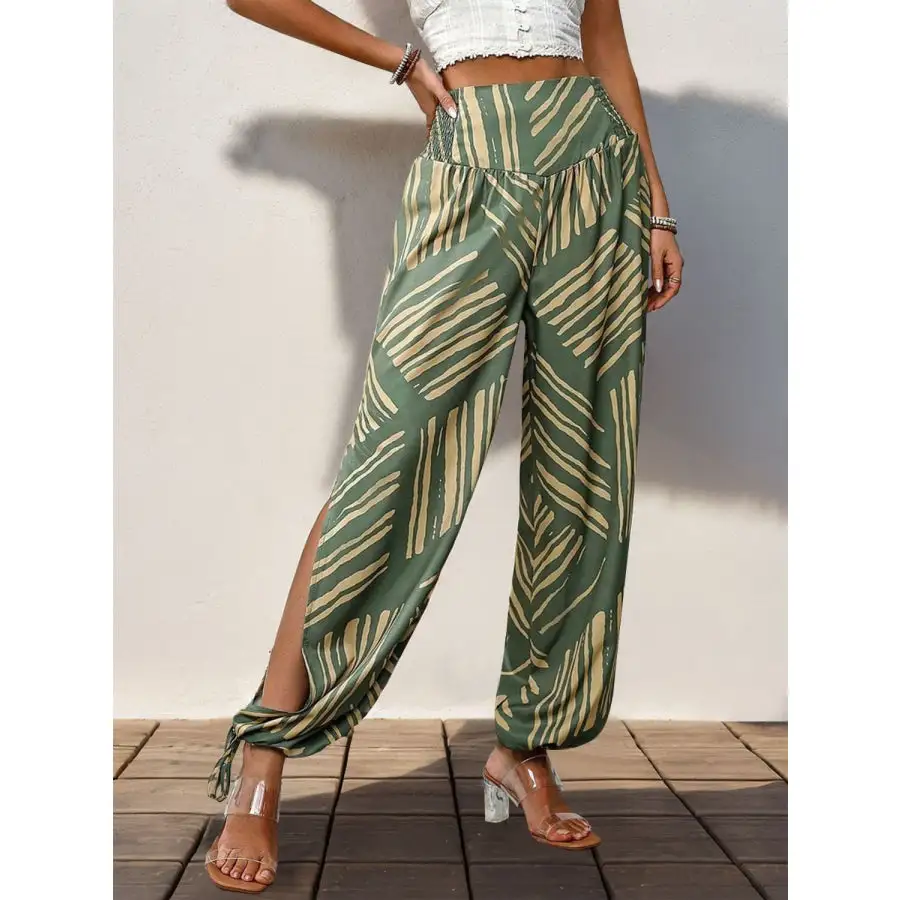Smocked Slit Printed High Waist Pants