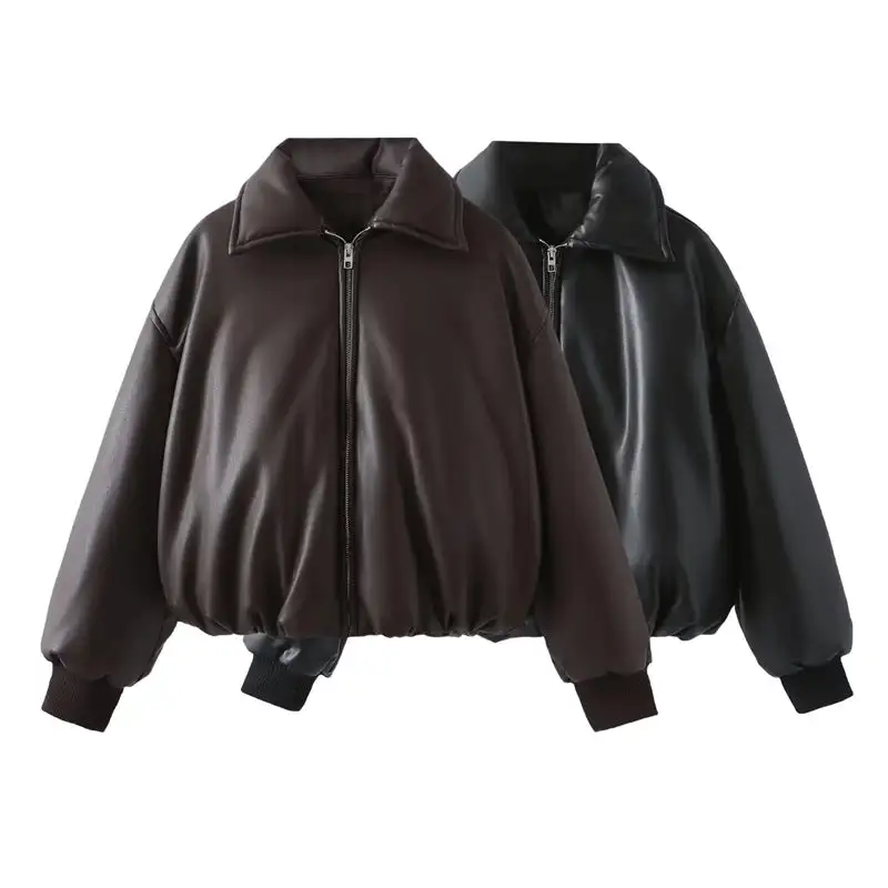 Cropped Quilted Faux Leather Shirt Collar Bomber Jacket