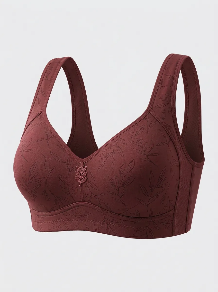 Women's Plus Size Sage Green Botanical Leaf Full-Coverage V-Neck Wireless Bra