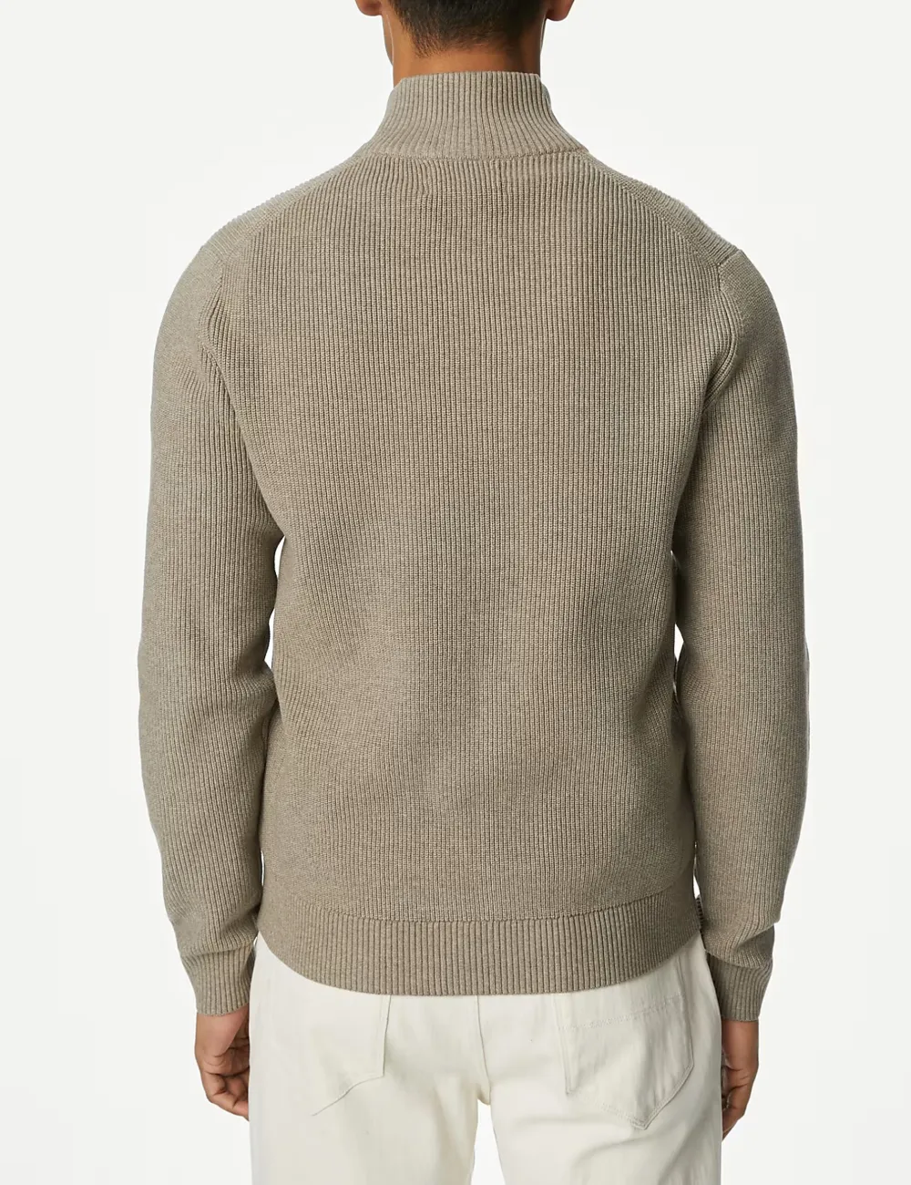 Men's Beige Cotton Blend Funnel Neck Zip Jumper